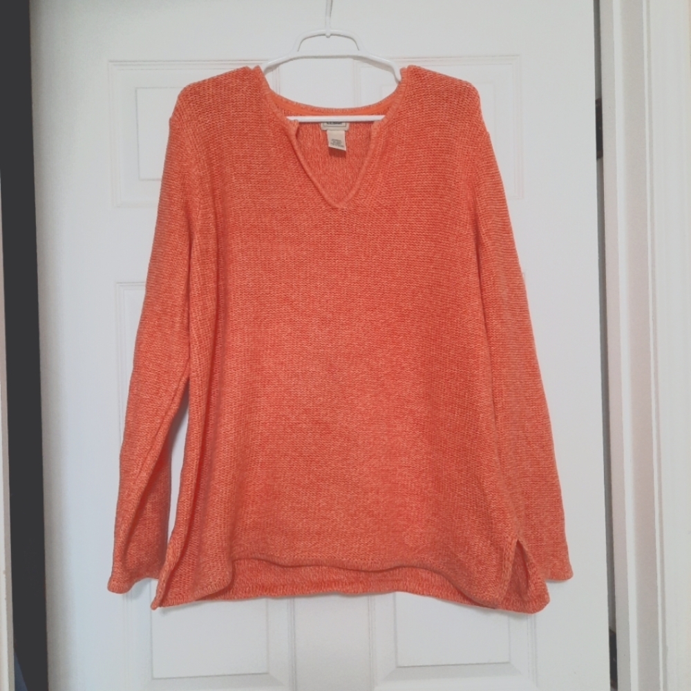 LlBean Womans XL Orange Heavy Cotton V-Neck Longsleeve Outdoor Woods Sweater